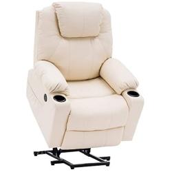 Mcombo Electric Power Lift Recliner Chair Sofa with Massage and Heat for Elderly, 3 Positions, 2 Side Pockets and Cup Holders, USB Ports, Faux Leather 7040 (Medium, Creme White)