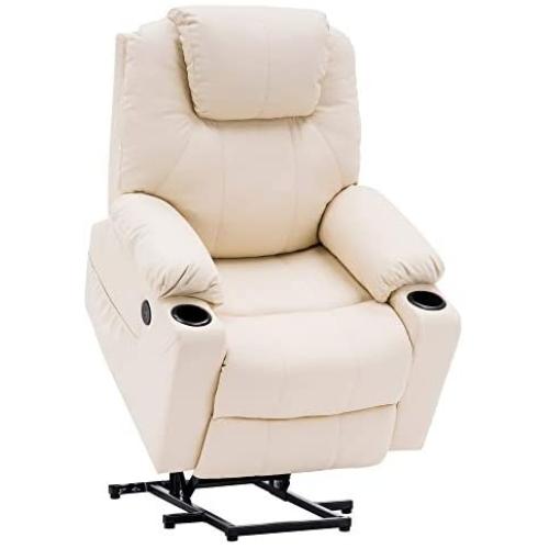 Mcombo Electric Power Lift Recliner Chair Sofa with Massage and Heat for Elderly, 3 Positions, 2 Side Pockets and Cup Holders, USB Ports, Faux Leather 7040 (Medium, Creme White)