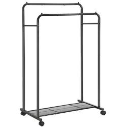 SONGMICS Double-Rail Garment Rack, Metal Clothes Rack with Wheels, Mesh Shelf, Each Rail Holds up to 66 lb, for Clothes, Bags, Shoes, Storage Boxes, Black UHSR26BK