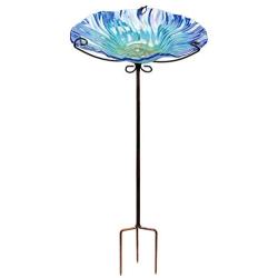 MUMTOP 26 Inch Height Glass Birdbath Birdfeeder with Metal Stake Garden Outdoor Blue