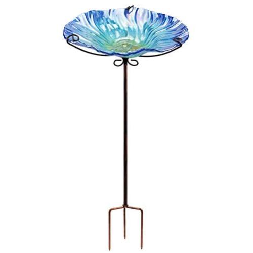 MUMTOP 26 Inch Height Glass Birdbath Birdfeeder with Metal Stake Garden Outdoor Blue