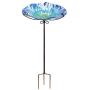 MUMTOP 26 Inch Height Glass Birdbath Birdfeeder with Metal Stake Garden Outdoor Blue
