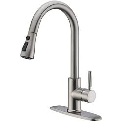 WEWE Single Handle High Arc Brushed Nickel Pull Out Kitchen Faucet,Single Level Stainless Steel Kitchen Sink Faucets with Pull Down Sprayer