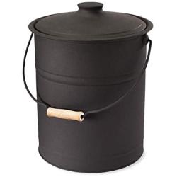 Plow & Hearth Double Bottom Metal Fireplace Ash Bucket with Lid and Handle, 10'' Diameter x 13'' H, Charcoal Black