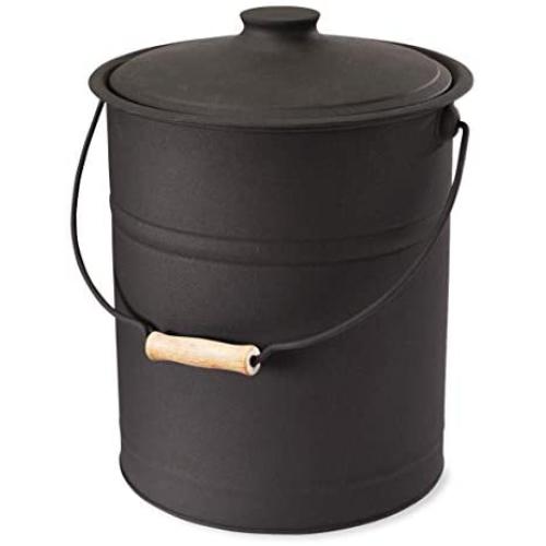 Plow & Hearth Double Bottom Metal Fireplace Ash Bucket with Lid and Handle, 10'' Diameter x 13'' H, Charcoal Black