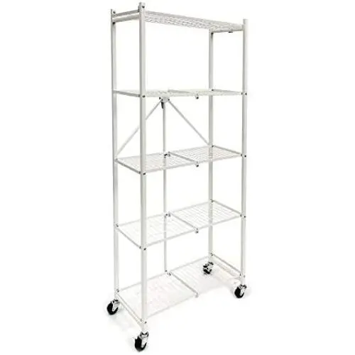 Origami 5-Shelf Slim Pantry Storage Rack with Wheels | Kitchen Pantry Wire Shelving with 4 Wooden Inlays, Freestanding Shelf, No Assembly or Tools Required | 24'' W x 11'' D x 56'' H | White Origami 5-Shelf Slim Pantry Storage Rack with Wheels | Kitchen Pantry Wire Shelving with 4 Wooden Inlays, Freestanding Shelf, No Assembly or Tools Required | 24'' W x 11'' D x 56'' H | White
