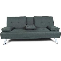 NOUVCOO Modern Linen Upholstered Sofa, Convertible Folding Recliner Lounge Futon Couch with Cup Holders/Armrest/Metal Legs for Living Room Furniture/Home/Small Places/Bedroom, Dark Gray