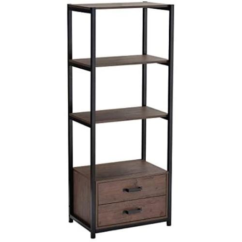 Industrial Bookshelf Bookcase with 2 Drawers, 60'' Etagere Standard Bookshelf Wooden Metal Freestanding Display Shelf for Home and Office, Rustic Brown and Black