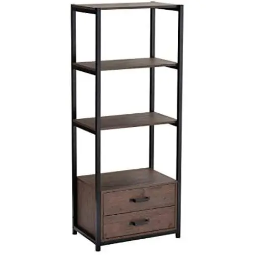 Industrial Bookshelf Bookcase with 2 Drawers, 60'' Etagere Standard Bookshelf Wooden Metal Freestanding Display Shelf for Home and Office, Rustic Brown and Black Industrial Bookshelf Bookcase with 2 Drawers, 60'' Etagere Standard Bookshelf Wooden Metal Freestanding Display Shelf for Home and Office, Rustic Brown and Black