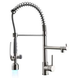 Fapully Commercial Single Handle Pull Down Sprayer Brushed Nickel Kitchen Faucet, Kitchen Sink Faucet with LED Light