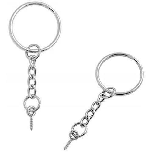 AISIBO Split Key Rings Stainless with Extend Chain Parts Bulk Metal DIY Crafts Keychain Rings with Chain and Screw Eye Pins with 25mm Open Jump Ring and Connector (100 Pack）