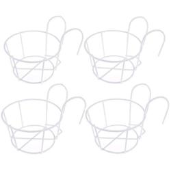 4 Packs Hanging Railing Planters Flower Pot Holders Plant Iron Racks Fence Metal Potted Stand Mounted Balcony Round Plant Baskets Shelf Container Box for Indoor and Outdoor Use-White,Garden Steel Pots