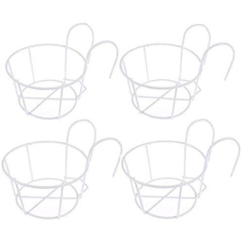 4 Packs Hanging Railing Planters Flower Pot Holders Plant Iron Racks Fence Metal Potted Stand Mounted Balcony Round Plant Baskets Shelf Container Box for Indoor and Outdoor Use-White,Garden Steel Pots