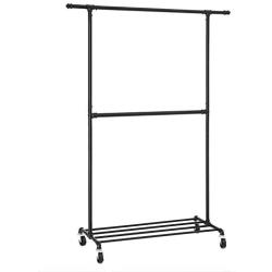 SONGMICS Industrial Style Clothes Garment Rack on Wheels, Double Hanging Rod Metal Clothing Rack, Heavy Duty Commercial Display, Black UHSR62BK