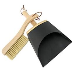 Creative Co-Op DF3015 Metal Dust Pan Handle, Beech Wood Brush & Leather Straps (Set of 2 Pieces) Broom, Black