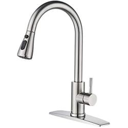 FORIOUS Kitchen Faucet with Pull Down Sprayer Brushed Nickel, High Arc Single Handle Kitchen Sink Faucet with Deck Plate, Commercial Modern rv Stainless Steel Kitchen Faucets, Grifos De Cocina