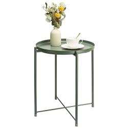 danpinera End Table, Side Table Metal Waterproof Small Circular Bedside Table with Round Removable Tray for Living Room Bedroom Bathroom Balcony and Office (Dark Green)