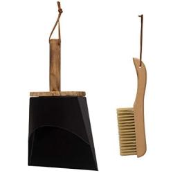 Creative Co-Op DF3015 Metal Dust Pan Handle, Beech Wood Brush & Leather Straps (Set of 2 Pieces) Broom, Black