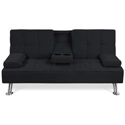 Best Choice Products Linen Upholstered Modern Convertible Folding Futon Sofa Bed w/Removable Armrests, Metal Legs, 2 Cupholders - Black