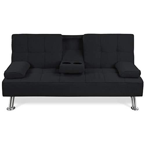 Best Choice Products Linen Upholstered Modern Convertible Folding Futon Sofa Bed w/Removable Armrests, Metal Legs, 2 Cupholders - Black