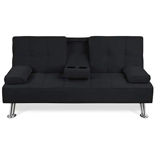 Best Choice Products Linen Upholstered Modern Convertible Folding Futon Sofa Bed w/Removable Armrests, Metal Legs, 2 Cupholders - Black Best Choice Products Linen Upholstered Modern Convertible Folding Futon Sofa Bed w/Removable Armrests, Metal Legs, 2 Cupholders - Black
