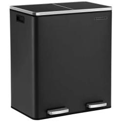 SONGMICS Trash Garbage Can, 16 Gal (60L) Rubbish, Metal Step Bin, with Dual Compartments, Plastic Inner Buckets and Hinged Lids, Handles, Soft Closure, Airtight, Black