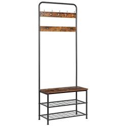 HOOBRO Coat Rack Shoe Bench, Pipe Style Hall Tree Organizer, Entryway Storage Shelf with Unique Double Hooks, Wood Look Accent Furniture with Metal Frame, Industrial Design, Rustic Brown BF01MT01