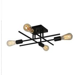 Unitary Brand Vintage Black Metal Line Art Design Kitchen Semi Flush Mount Ceiling Light with 4 E26 Bulb Sockets 240W Painted Finish