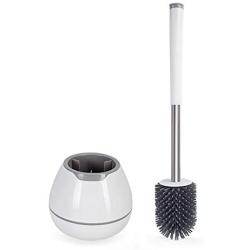 BOOMJOY Toilet Brush and Holder Set, Silicone Bristles Bathroom Cleaning Bowl Brush Kit with Tweezers - White