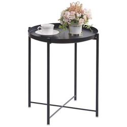 OVICAR Metal Tray End Table, Round Accent Coffee Side Table, Anti-Rust and Waterproof Outdoor Small Side Table, Indoor Modern Sofa Side Table Bedside Table for Living Room Bedroom Balcony (Black)