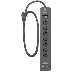 GE UltraPro Surge Protector, 7 Outlet Power Strip, 2 USB Charging Ports, 4 Ft Extension Cord, 3 Prong, Grounded, Flat Plug, 1500 Joules, UL Listed, Gray, 53276,