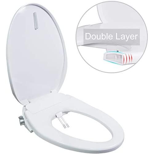 Hibbent Bidet Seat Dual Nozzles for Rear & Feminine Cleaning - No Electricity Bidet Toilet Seat Sleek Design - On/OFF Metal T Adapter Included (Elongated - OB306)