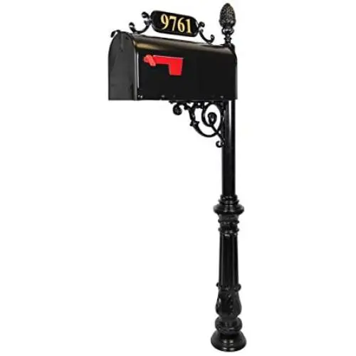 Charleston Large Mailbox & Post System – Black Rust Resistant Mailbox – Includes Address Plaque, Numbers, Scroll & Mounting Hardware – Metal Mailbox with Pineapple Finial Charleston Large Mailbox & Post System – Black Rust Resistant Mailbox – Includes Address Plaque, Numbers, Scroll & Mounting Hardware – Metal Mailbox with Pineapple Finial