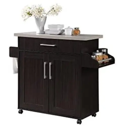 Hodedah Kitchen Island with Spice Rack, Towel Rack & Drawer, Chocolate with Grey Top Hodedah Kitchen Island with Spice Rack, Towel Rack & Drawer, Chocolate with Grey Top