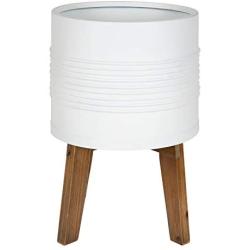 Kate and Laurel Gavri Farmhouse-Inspired Freestanding Metal Planter, White Metal Pot with Natural Rustic Wooden Legs