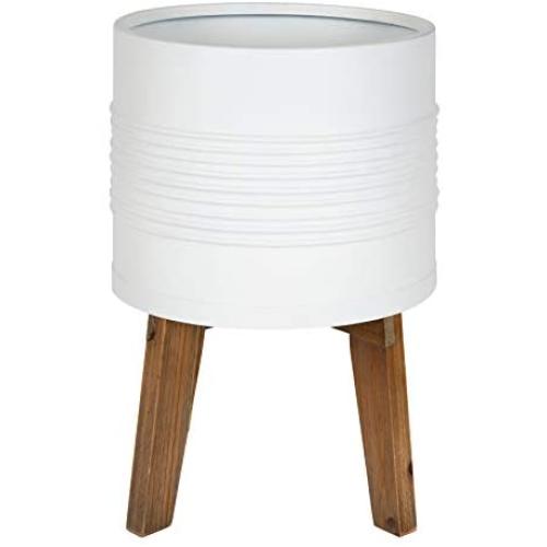 Kate and Laurel Gavri Farmhouse-Inspired Freestanding Metal Planter, White Metal Pot with Natural Rustic Wooden Legs
