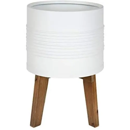 Kate and Laurel Gavri Farmhouse-Inspired Freestanding Metal Planter, White Metal Pot with Natural Rustic Wooden Legs