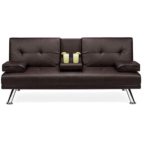 Best Choice Products Faux Leather Upholstered Modern Convertible Folding Futon Sofa Bed for Compact Living Space, Apartment, Dorm, Bonus Room w/Removable Armrests, Metal Legs, 2 Cupholders - Brown