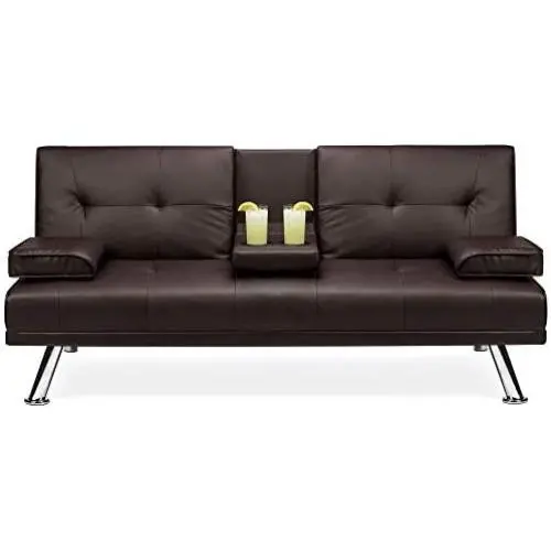 Best Choice Products Faux Leather Upholstered Modern Convertible Folding Futon Sofa Bed for Compact Living Space, Apartment, Dorm, Bonus Room w/Removable Armrests, Metal Legs, 2 Cupholders - Brown Best Choice Products Faux Leather Upholstered Modern Convertible Folding Futon Sofa Bed for Compact Living Space, Apartment, Dorm, Bonus Room w/Removable Armrests, Metal Legs, 2 Cupholders - Brown