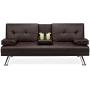 Best Choice Products Faux Leather Upholstered Modern Convertible Folding Futon Sofa Bed for Compact Living Space, Apartment, Dorm, Bonus Room w/Removable Armrests, Metal Legs, 2 Cupholders - Brown