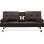 Best Choice Products Faux Leather Upholstered Modern Convertible Folding Futon Sofa Bed for Compact Living Space, Apartment, Dorm, Bonus Room w/Removable Armrests, Metal Legs, 2 Cupholders - Brown Best Choice Products Faux Leather Upholstered Modern Convertible Folding Futon Sofa Bed for Compact Living Space, Apartment, Dorm, Bonus Room w/Removable Armrests, Metal Legs, 2 Cupholders - Brown