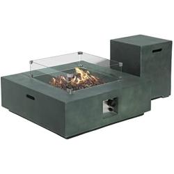 COSIEST 2-Piece Outdoor Propane Firepit Table Set, Gray Faux Stone 35 inches Square Fire Table w 50,000 BTU Stainless Steel Burner, Wind Guard, w Metal Lid 20 Gallon Hideway Tank for Garden, Porch