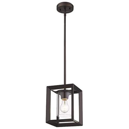 Emliviar Modern Glass Pendant Light, Single Light Metal Wire Cage Hanging Pendant Light, Oil Rubbed Bronze with Clear Glass Shade and 42'' Rod, 2083M1L ORB