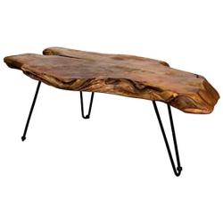 Anya & Niki StyleCraft Badang Carving Natural Wood Edge Teak Contemporary Coffee Cocktail Table with Clear Lacquer Finish and Metal Hairpin Legs for Living Room