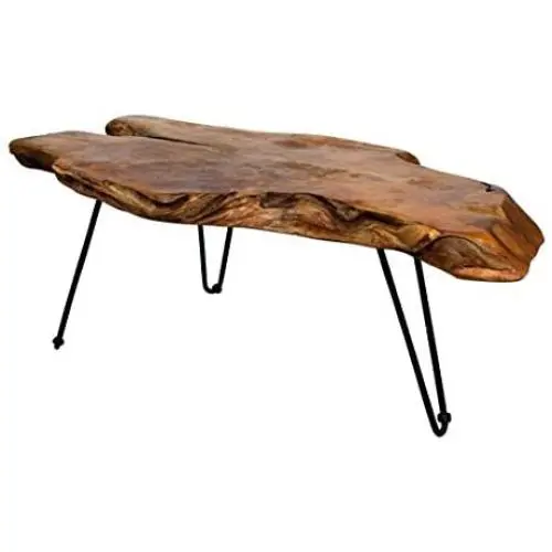 Anya & Niki StyleCraft Badang Carving Natural Wood Edge Teak Contemporary Coffee Cocktail Table with Clear Lacquer Finish and Metal Hairpin Legs for Living Room Anya & Niki StyleCraft Badang Carving Natural Wood Edge Teak Contemporary Coffee Cocktail Table with Clear Lacquer Finish and Metal Hairpin Legs for Living Room