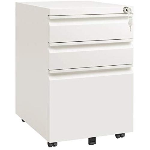DEVAISE 3 Drawer Mobile File Cabinet with Lock, Under Desk Metal Filing Cabinet for Legal/Letter/A4 File, Fully Assembled Except Wheels, White