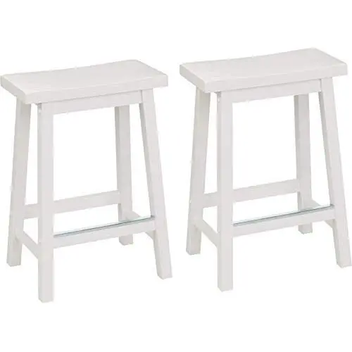 Amazon Basics Classic Solid Wood Saddle-Seat Kitchen Counter Stool with Foot Plate 24 Inch, White, Set of 2