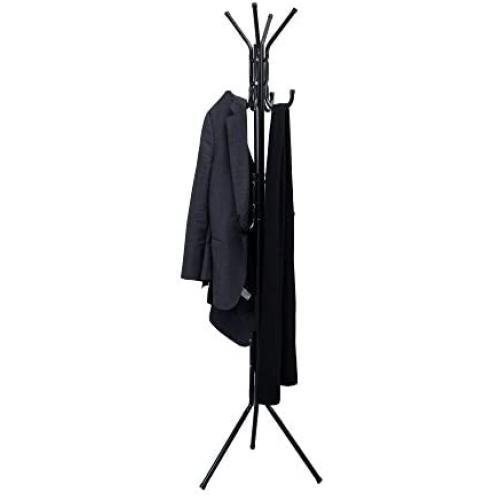 Mind Reader COATRACK11 Standing Metal Coat Rack Hat Hanger 11 Hook for Jacket, Purse, Scarf Rack, Umbrella Tree Stand, Black