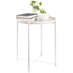 CERBIOR Tray End Table, Round Metal Tray Table Side Sofa Table Anti-Rust and Waterproof Outdoor & Indoor Snack Table Accent Coffee Table, Milky White