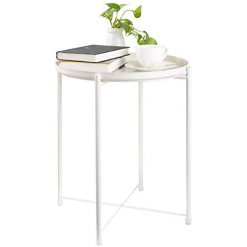 CERBIOR Tray End Table, Round Metal Tray Table Side Sofa Table Anti-Rust and Waterproof Outdoor & Indoor Snack Table Accent Coffee Table, Milky White